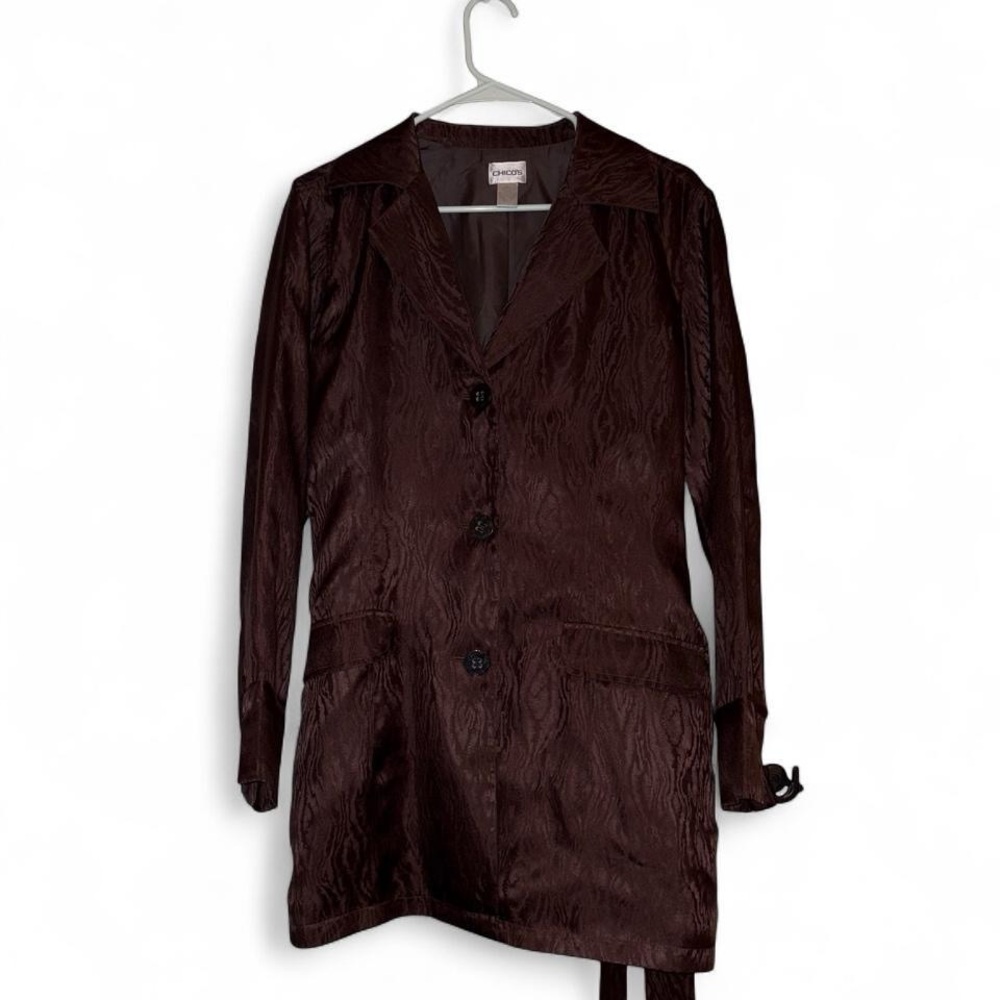 Chicos Brown Silk Tiger Print Textured Tie Back Blazer Jacket Size 2(Sz 12-14)